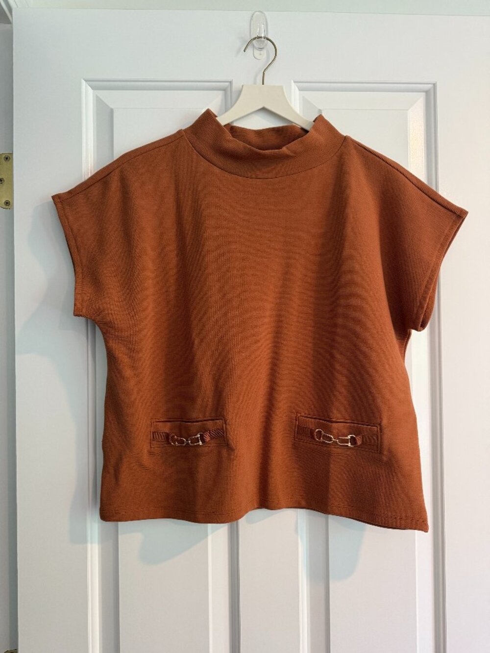 Ann Taylor Rust Mock Neck Ribbed Knit Cap Sleeve Top Gold Horsebit M